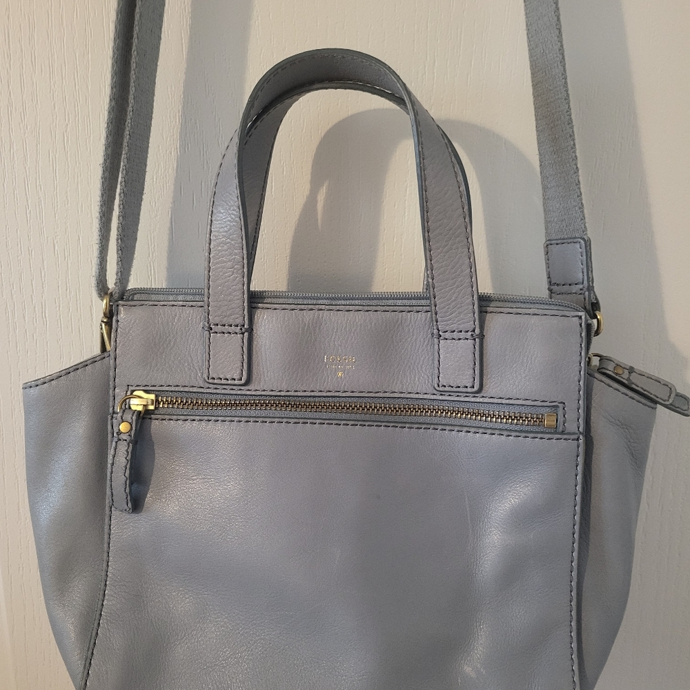 FOSSIL Blue Gray Leather Satchel Crossbody Bag Purse